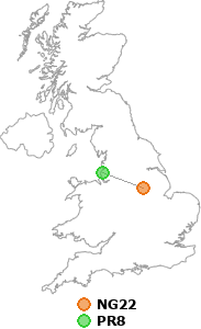 map showing distance between NG22 and PR8