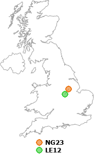 map showing distance between NG23 and LE12