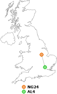 map showing distance between NG24 and AL4