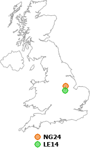 map showing distance between NG24 and LE14