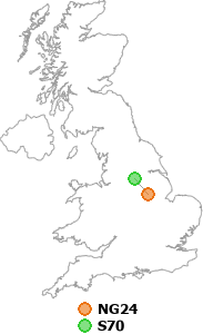 map showing distance between NG24 and S70