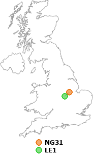 map showing distance between NG31 and LE1