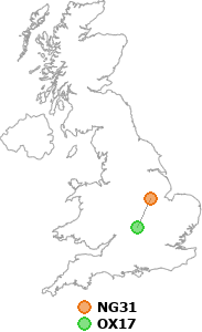 map showing distance between NG31 and OX17