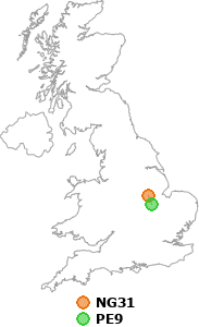 map showing distance between NG31 and PE9