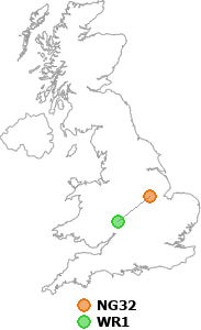 map showing distance between NG32 and WR1