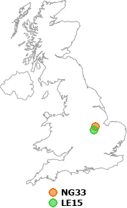 map showing distance between NG33 and LE15