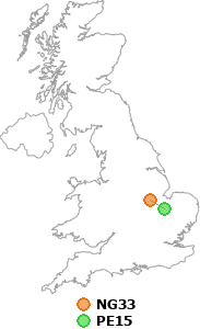 map showing distance between NG33 and PE15