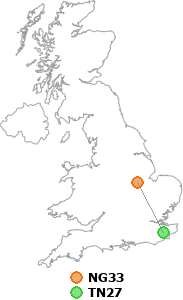 map showing distance between NG33 and TN27