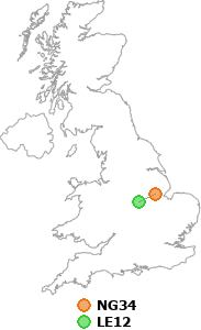 map showing distance between NG34 and LE12