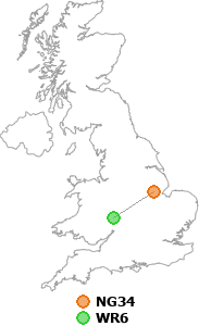 map showing distance between NG34 and WR6