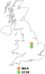 map showing distance between NG4 and LE18