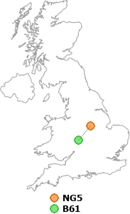 map showing distance between NG5 and B61