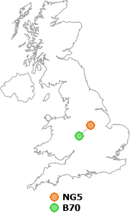 map showing distance between NG5 and B70
