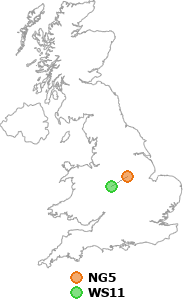 map showing distance between NG5 and WS11