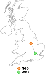 map showing distance between NG6 and WD7