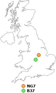 map showing distance between NG7 and B37