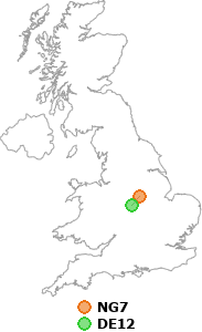 map showing distance between NG7 and DE12