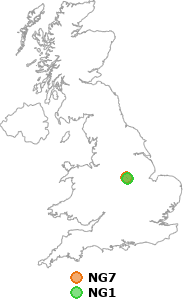 map showing distance between NG7 and NG1
