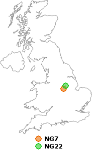 map showing distance between NG7 and NG22