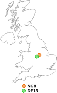 map showing distance between NG8 and DE15