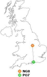 map showing distance between NG8 and PO7
