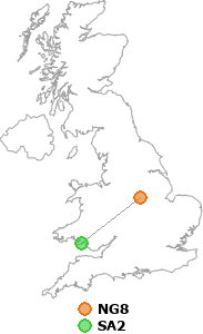 map showing distance between NG8 and SA2