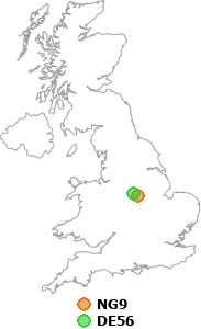 map showing distance between NG9 and DE56