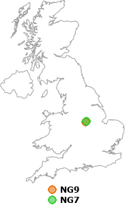 map showing distance between NG9 and NG7