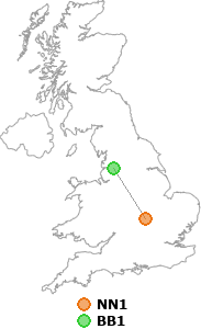 map showing distance between NN1 and BB1