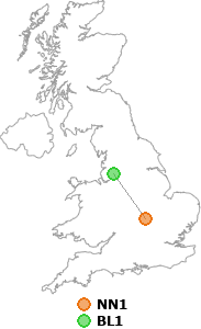 map showing distance between NN1 and BL1