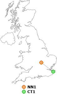 map showing distance between NN1 and CT1