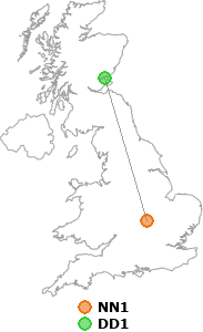 map showing distance between NN1 and DD1