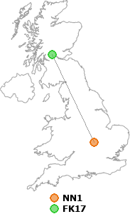 map showing distance between NN1 and FK17