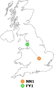 map showing distance between NN1 and FY1