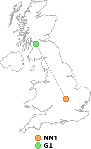 map showing distance between NN1 and G1