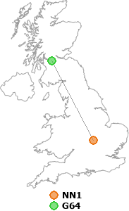 map showing distance between NN1 and G64
