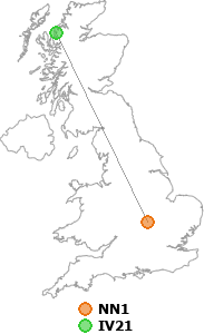 map showing distance between NN1 and IV21