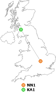 map showing distance between NN1 and KA1