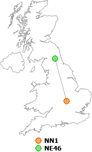 map showing distance between NN1 and NE46