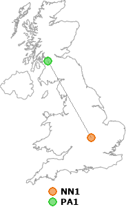 map showing distance between NN1 and PA1
