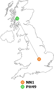 map showing distance between NN1 and PH49