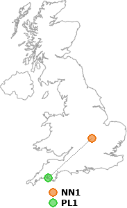 map showing distance between NN1 and PL1