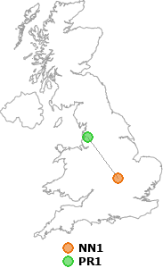 map showing distance between NN1 and PR1