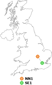 map showing distance between NN1 and SE1