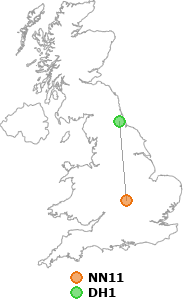 map showing distance between NN11 and DH1
