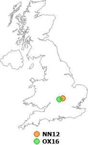 map showing distance between NN12 and OX16