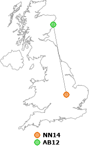 map showing distance between NN14 and AB12