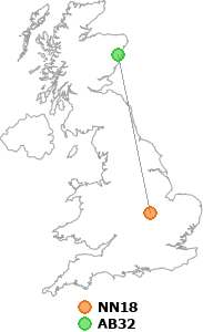 map showing distance between NN18 and AB32