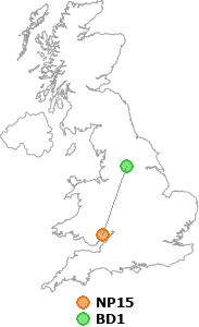 map showing distance between NP15 and BD1