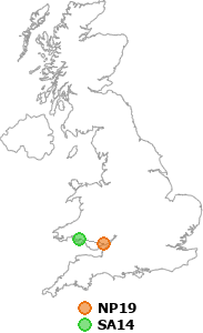map showing distance between NP19 and SA14